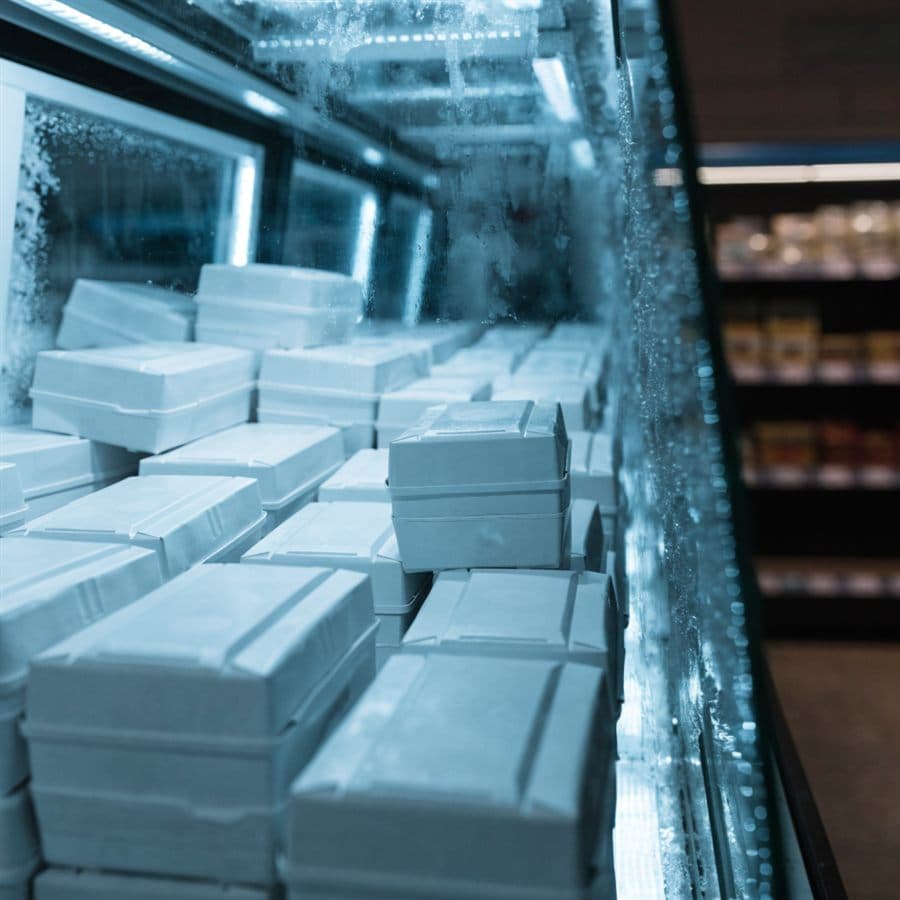 Frozen food cabinet stocked with plain unbranded cartons