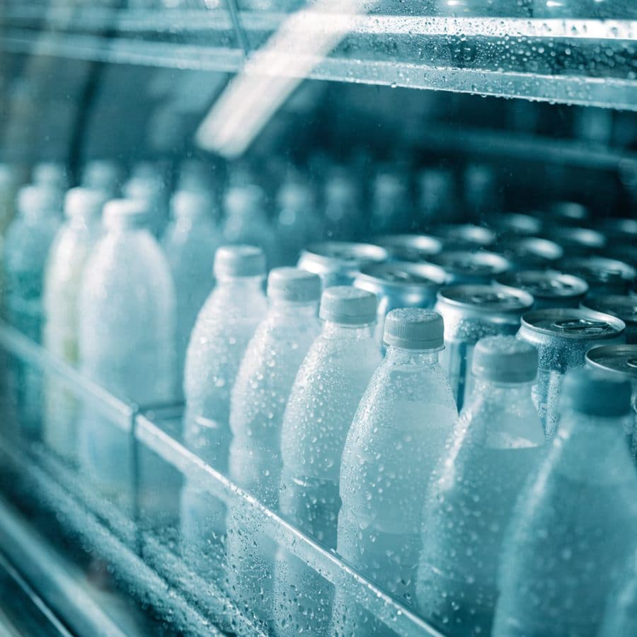 Chilled drinks fridge filled with plain unlabelled bottles