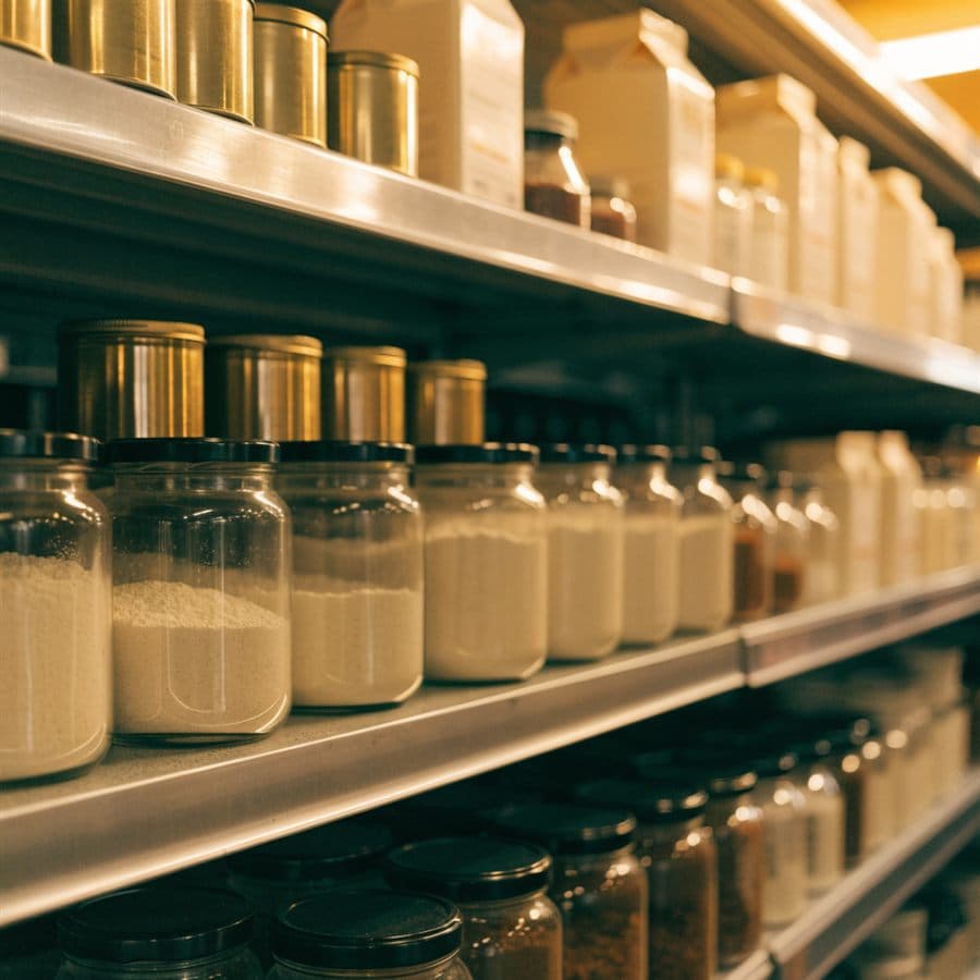 Grocery shelf of plain unlabelled jars and packets